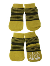 Yellow-Green Striped Pet Socks - These fun and functional doggie socks protect your dogs paws from mud, snow, ice, hot pavement, hot sand and other extreme weather. Made from 95% cotton and 5% spandex making them comfortable and secure. Each sock features a paw shaped anti-slip silica pad and help keep your house sanitary.