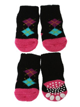 Black / Pink Argyle Pet Socks - These fun and functional doggie socks protect your dogs paws from mud, snow, ice, hot pavement, hot sand and other extreme weather. Made from 95% cotton & 5% spandex making them comfortable and secure. Each sock features a paw shaped anti-slip silica pad & help keep your house sanitary.
