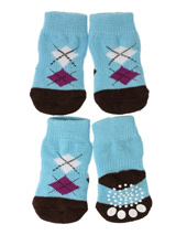 Blue / Black Argyle Pet Socks - These fun and functional doggie socks protect your dogs paws from mud, snow, ice, hot pavement, hot sand and other extreme weather. Made from 95% cotton & 5% spandex making them comfortable and secure. Each sock features a paw shaped anti-slip silica pad & help keep your house sanitary.