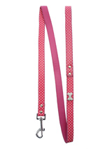Hot Pink Polka Dot Lead - Sparkling Bling Polka Dot Lead. This pink leather lead has asilver clip finished with a sparkling diamante bone.S-M Width: 14mmM-L Width: 19mmL-XL Width: 25mm