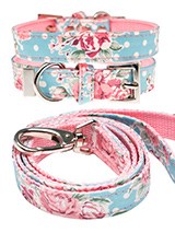 Vintage Rose Floral  Fabric Collar & Lead Set - Our Vintage Rose Floral pattern collar & lead set will brighten up even the dullest of days. It is a contemporary style and the floral pattern is right on trend. It is lightweight and incredibly strong. The collar has been finished with chrome detailing including the eyelets and tip of the collar. A...