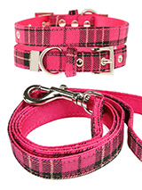 Fuschia Pink Tartan Fabric Collar & Lead Set - Our Fuschia Pink Checked Tartan collar & lead set is a traditional design which is stylish, classy and never goes out of fashion. It is lightweight and incredibly strong. The collar has been finished with chrome detailing including the eyelets and tip of the collar. A matching lead, harness and band...