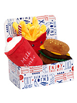 Hamburger Meal Deal Box (3 Toy Combo) - Get your dog a meal deal bargain with our Burger, fries, and milkshake combo! What could be better than a juicy burger with fries all washed down with cool milkshake. For maximum fun pretend its for you and savour it before handing it over, it will make even more desirable. The harder your pup bite...