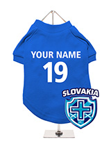 Slovakia Football Dog T-Shirt (Personalised) - Show your Slovakian pride with this personalised dog t-shirt, featuring a Slovakia badge with a double cross. You can personalise it with your dog's name and team number. The t-shirt is made from soft, cosy fabric for comfort. It's simple to clean, being machine washable. Perfect for showing your do...