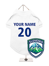 Slovenia Football Dog T-Shirt (Personalised) - Celebrate Slovenia with this customisable dog t-shirt, featuring a Slovenia badge with mountains. Personalise it with your dog's name and team number. Made from comfortable, airy fabric, it keeps your dog comfortable. Its easy to wash and machine washable. Ideal for displaying your dog's Slovenian...