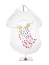 American Spirit GlamourGlitz Dog T-Shirt - Exclusive GlamourGlitz 100% Cotton Dog T-Shirt. Embellished with the American Eagle swooping down and clutching the Stars and Stripes, symbolizing the Spirit of America. Crafted with Red, Silver and Blue Rhinestuds that catch a sparkle in the light. Wear on it's own or match with a GlamourGlitz ''Mo...