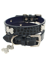 Blue Crocodile Leather Diamante Collar & Diamante Bone Charm - Sparkling Bling Collar! This crocodile textured blue leather collar with a stitched edging has a crystal encrusted buckle with three large / bling sparkling diamante bones and a large sparkling diamante charm complete the look. A glamorous addition to the wardrobe of any trendy pooch.<ul><li><b>S</b...