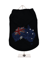GlamourGlitz Australia Flag Dog Hoodie - Exclusive GlamourGlitz 100% Cotton Hoodie. A full Australian Flag design crafted with Red, Silver & Blue Rhinestuds that catch a sparkle in the light. Wear on it's own or match with a GlamourGlitz ''<b>Mommy & Me</b>'' Women's T-Shirt to complete the look.
